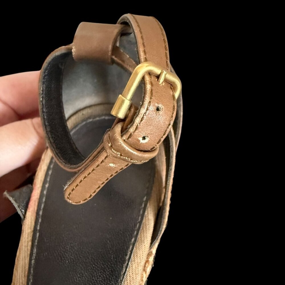 Burberry Brown Leather Novacheck Canvas Buckle Detail Peep Toe Espadrille Wedge - Picture 7 of 16
